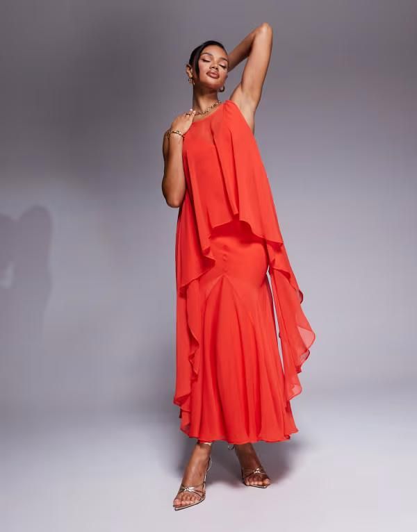 エイソス レディース トップス ワンピース シフォン マキシワンピース オーバーレイ マキシ ASOS DESIGN plunge bias maxi dress with chiffon overlay and godet in bright Bright