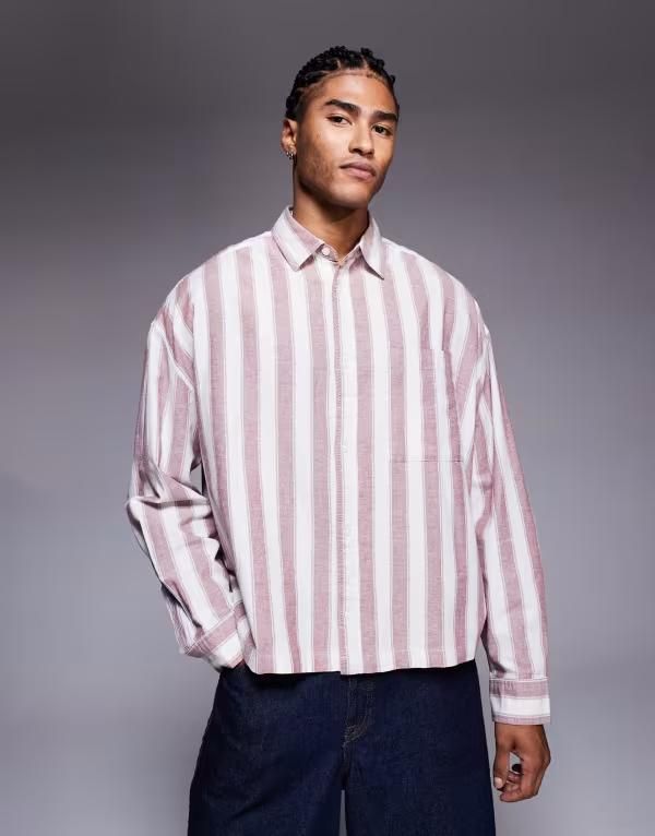 エイソス メンズ トップス シャツ ASOS DESIGN boxy oversized shirt stripes RED レッド