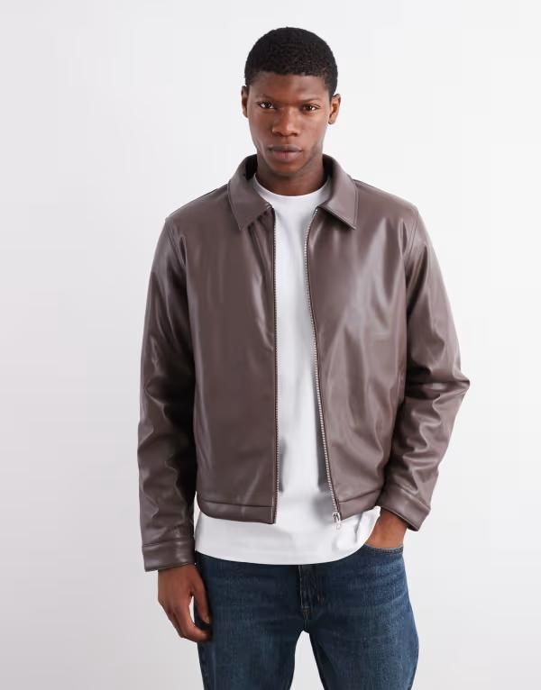 エイソス メンズ アウター ジャケット・ブルゾン レザー フェイクレザー ジャケット ASOS DESIGN faux leather harrington jacket BROWN ブラウン