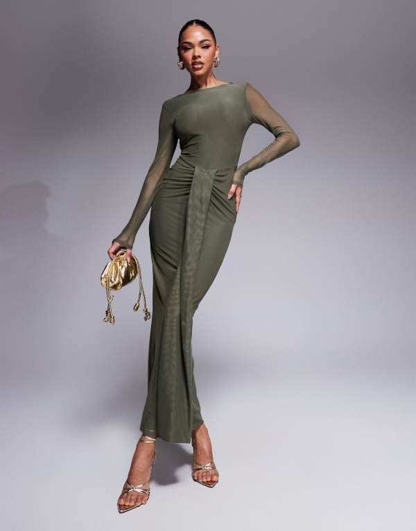 エイソス レディース トップス ワンピース オープンバック マキシワンピース メッシュ マキシ ASOS DESIGN mesh long sleeve slash neck open back maxi dress with sash in olive Kh