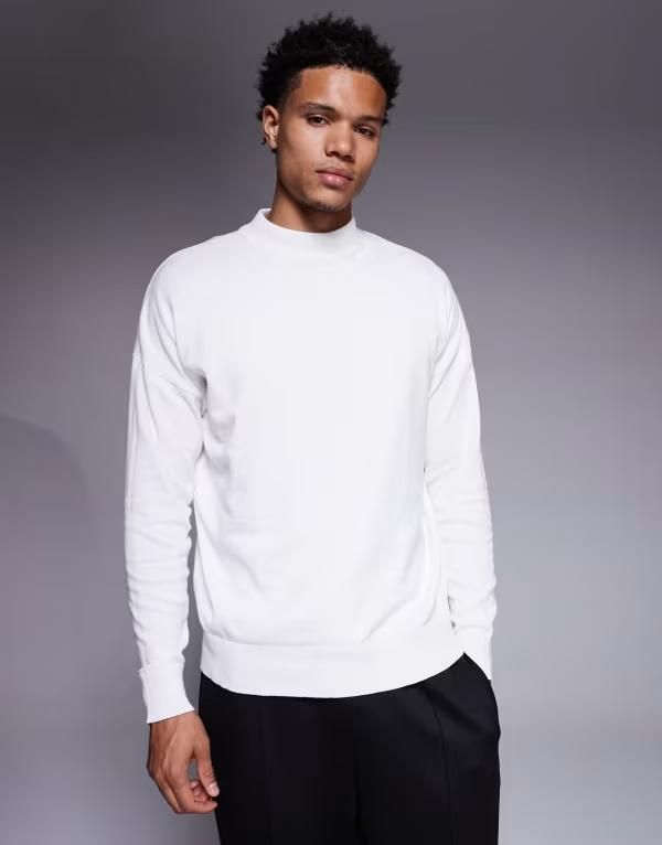 エイソス メンズ アウター ニット・セーター タートルネック Tシャツ ニット ASOS DESIGN relaxed long sleeve knit turtle neck tshirt WHITE ホワイト