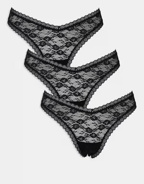 エイソス レディース アンダーウェア ブリーフパンツ レース ASOS DESIGN 3 pack all over lace dipped front thong Black ブラック