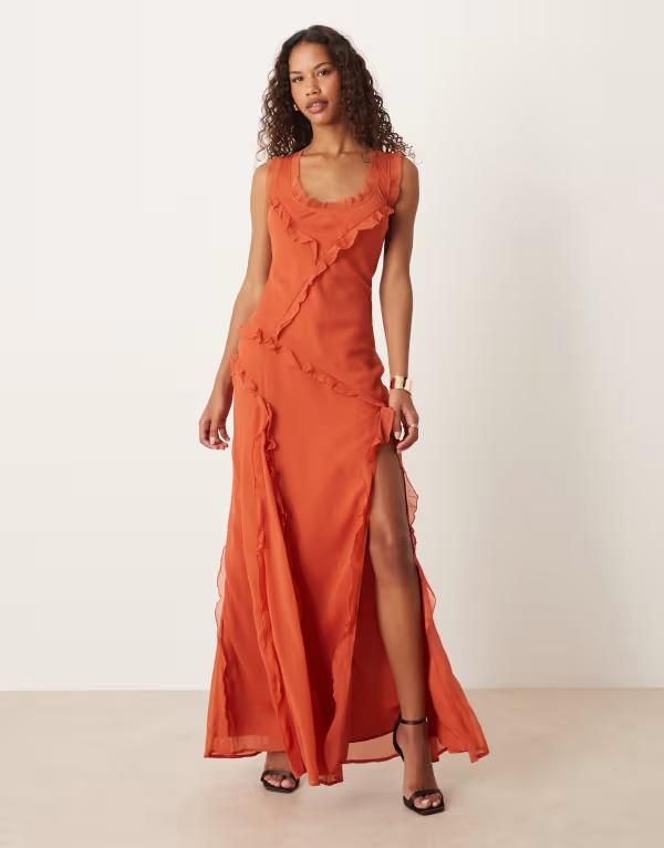 エイソス レディース トップス ワンピース マキシワンピース フリル マキシ ASOS DESIGN raw edge scoop neck ruffle maxi dress with low back in rustラスト