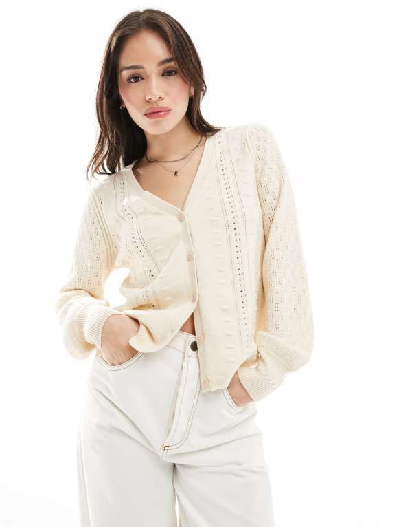 オブジェクト レディース アウター カーディガン Object textured pointelle cardigan in cream Sandshell クリーム