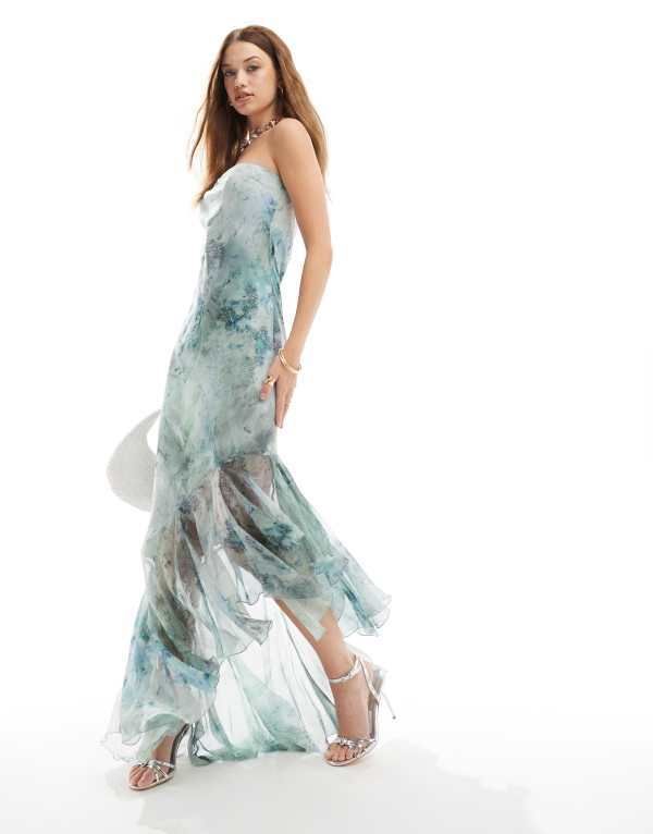 エイソス レディース トップス ワンピース フリル裾 アシンメトリー マキシワンピース プリント フリル マキシ ASOS DESIGN bandeau maxi dress with asymmetric ruffle hem in marble print