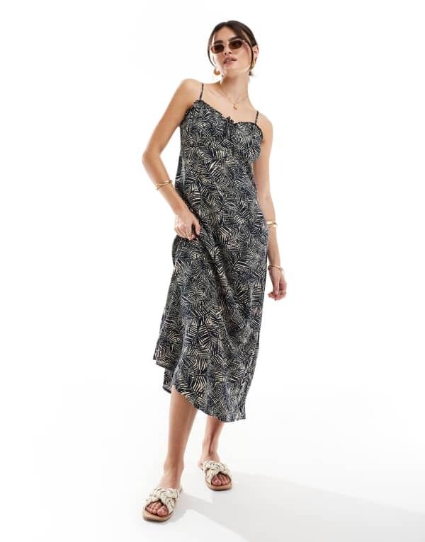 オンリー レディース トップス ワンピース プリント ミディ ONLY midi strappy dress leaf print Night Sky ブルー