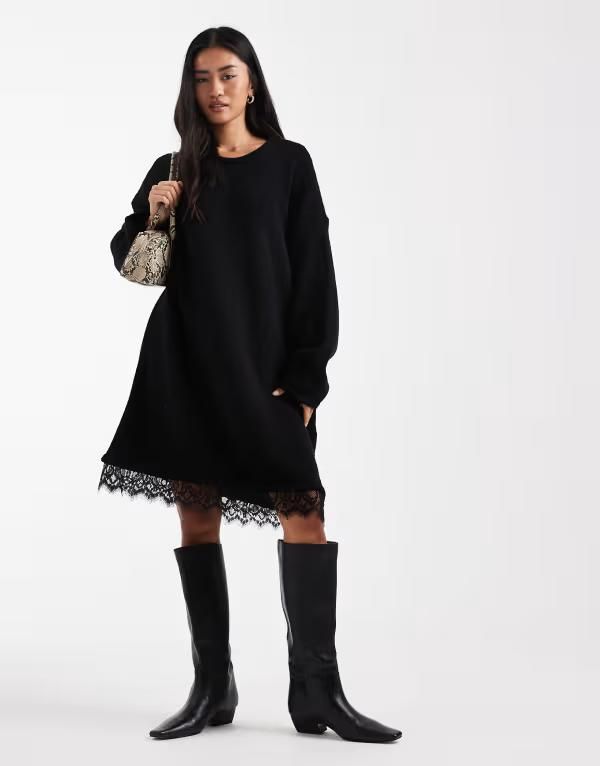 エイソス レディース トップス ワンピース レーストリム ミニ レース ニット ASOS DESIGN knit mini dress with lace trim detail Black ブラック