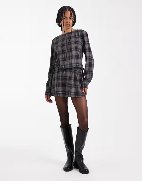 エイソス レディース トップス ワンピース ドレープ ミニ ASOS DESIGN drop waist draped mini dress in brushed check Brown Check ブラウン