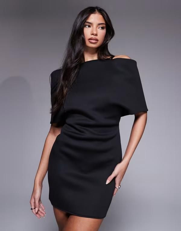 エイソス レディース トップス ワンピース ケープデザイン ミニ スキューバ キャップ ケープ ASOS DESIGN deep off the shoulder mini dress with cape back detail scubastyle fabr