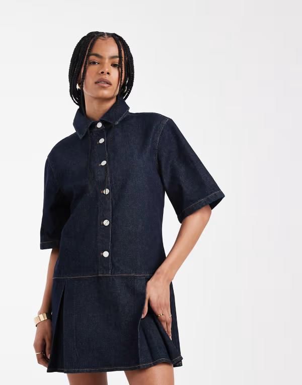 エイソス レディース トップス ワンピース ミニ ASOS DESIGN drop waist mini dress indigo INDIGO インディゴ