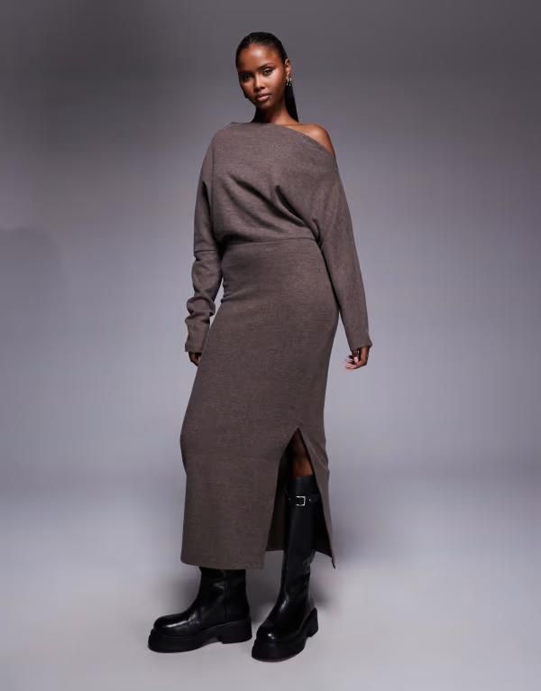 エイソス レディース トップス ワンピース ミディ ASOS DESIGN supersoft long sleeve fallen shoulder midi dress in chocolate チョコレート