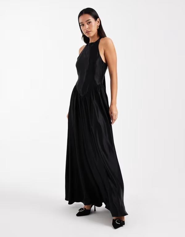 エイソス レディース トップス ワンピース サテン マキシ ホルター ASOS DESIGN tie back halter neck satin maxi dress Black ブラック