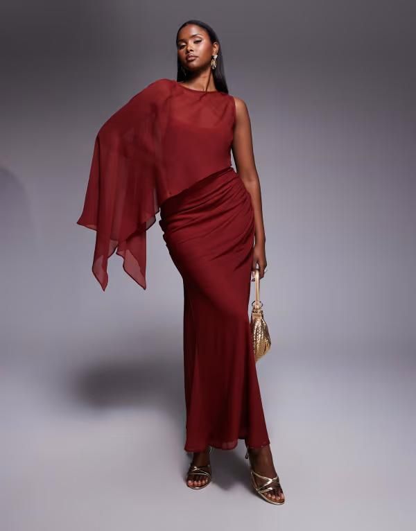 エイソス レディース トップス ワンピース ドレープ オーバーレイ スカート マキシ ASOS DESIGN layered sleeve overlay maxi dress with draped skirt in chocolate チョコレート