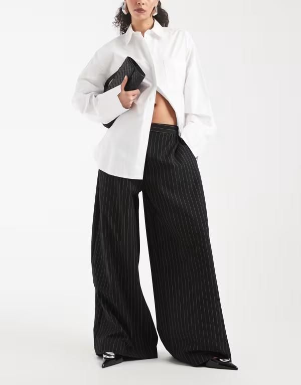 エイソス レディース ボトムス カジュアルパンツ ワイドレッグ ASOS DESIGN gathered side mensy wide leg pants pinstripe Black Pinstripe ブラック