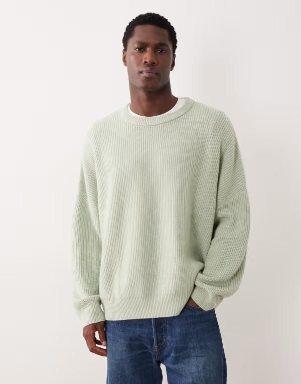 エイソス メンズ アウター ニット・セーター クルーネック ASOS DESIGN super oversized knit fisherman rib crew neck sweater in sage GREEN グリーン