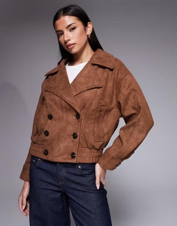 リバーアイランド レディース アウター ジャケット・ブルゾン スエード River islandouble breasted suedette trench style bomber jacket in light BROWN ブラウン