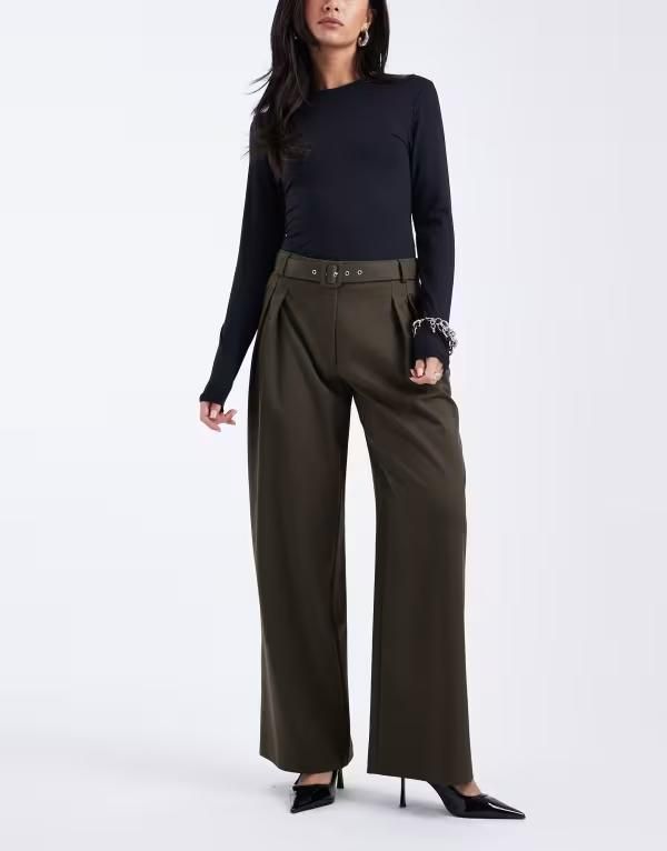 エイソス レディース ボトムス カジュアルパンツ ワイドレッグ ASOS DESIGN tailored low belted wide leg pants in olive オリーブ