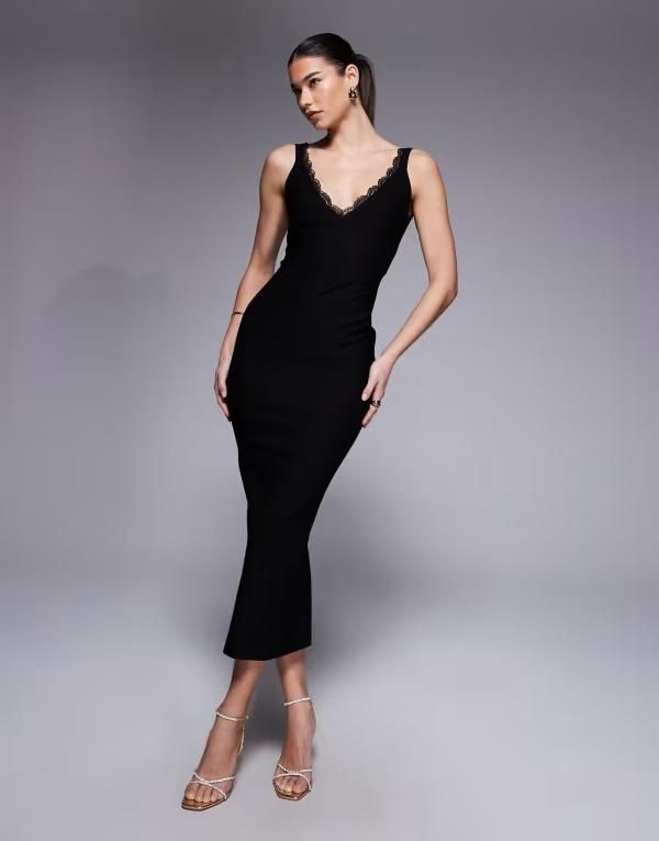 ベスパー レディース トップス ワンピース Vネック レーストリム レース マキシ Vesper bengaline Vneck lace trim strappy maxi dress Black ブラック