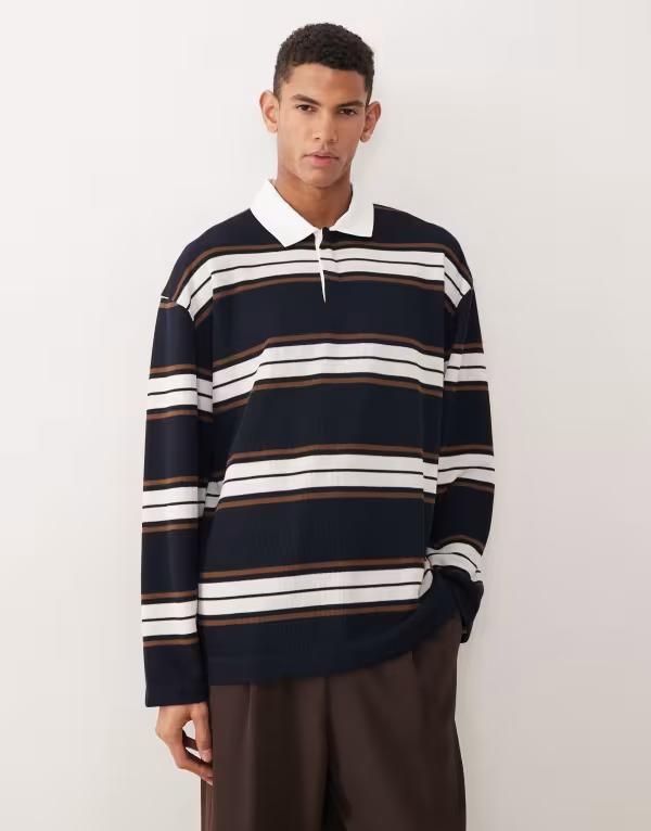 エイソス メンズ トップス ポロシャツ ASOS DESIGN heavyweight oversized long sleeve rugby polo and brown stripe Multi マルチカラー