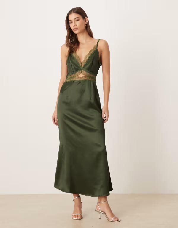 ネバーフリードレスド レディース トップス ワンピース サテン Never Fully Dressed Mimi satin slip midaxi dress GREEN グリーン