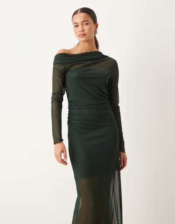 マンゴ レディース トップス ワンピース アシンメトリー マキシ Mango asymmetric long sleeve maxi dress in forest GREEN グリーン