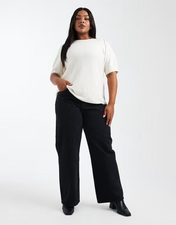 エイソス レディース ボトムス デニムパンツ ワイドレッグ ジーンズ ASOS Curve ASOS DESIGN Curve wide leg dad jeans WASHED BLACK ブラック