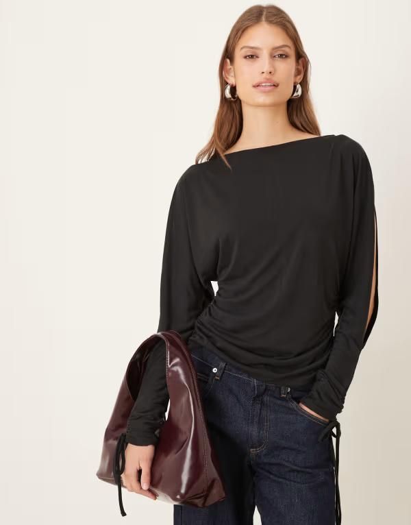 エイソス レディース トップス Tシャツ ASOS DESIGN modal boat neck corset waist long sleeve Tshirt Black ブラック