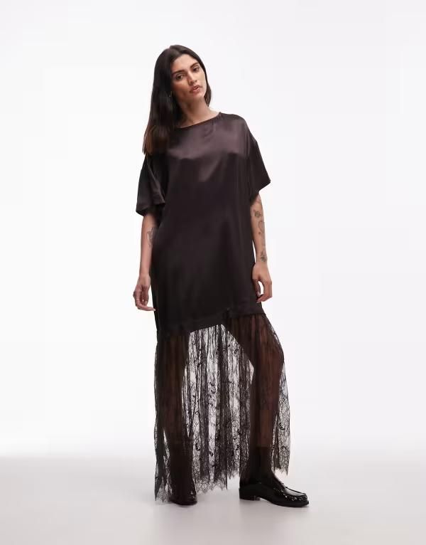 エイソス レディース トップス ワンピース Tシャツ サテン スカート レース マキシ ASOS DESIGN satin Tshirt hybrid maxi dress with lace skirt in deep chocolate Deep choc 18,536円