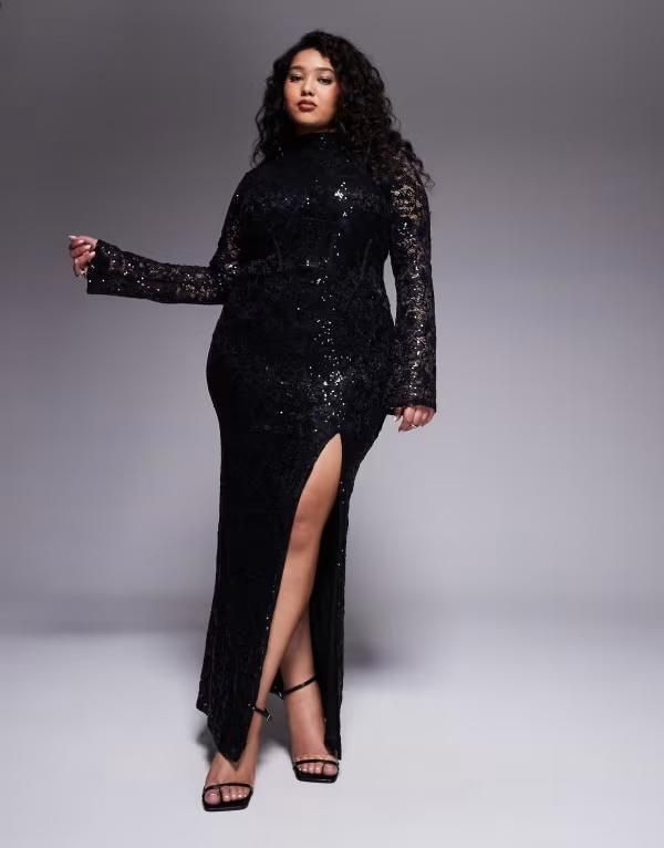 エイソス レディース トップス ワンピース レース マキシ ASOS Curve ASOS DESIGN Curvembellished lace long sleeve maxi dress with slit Black ブラック