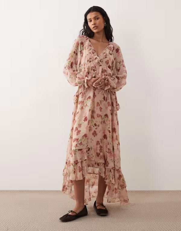 キスザスカイ レディース トップス ワンピース ティアード フラワー柄 フラワー Kiss The Sky long sleeve floaty tiered midaxi dress floral PINK ピンク