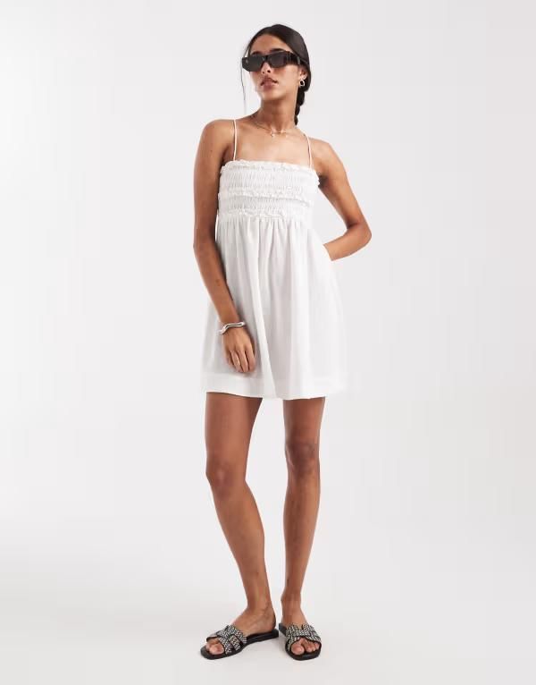 エイソス レディース トップス ワンピース フリル ミニ ASOS DESIGN Izzy beach shirred mini dress with ruffle detail White ホワイト