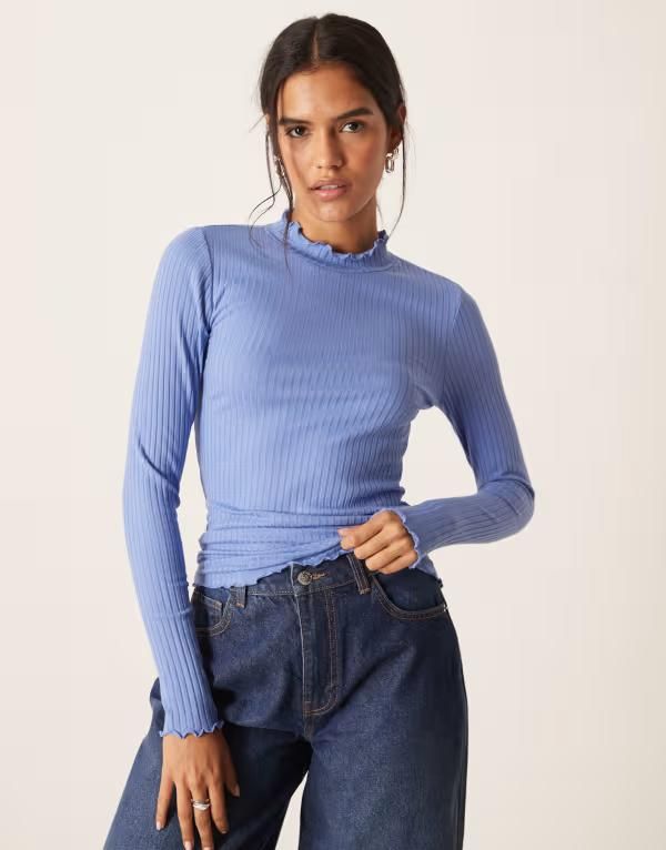 ジェイディーワイ レディース トップス Tシャツ ハイネック JDY high neck lettucedge top in mid EBB AND FLOW ブルー