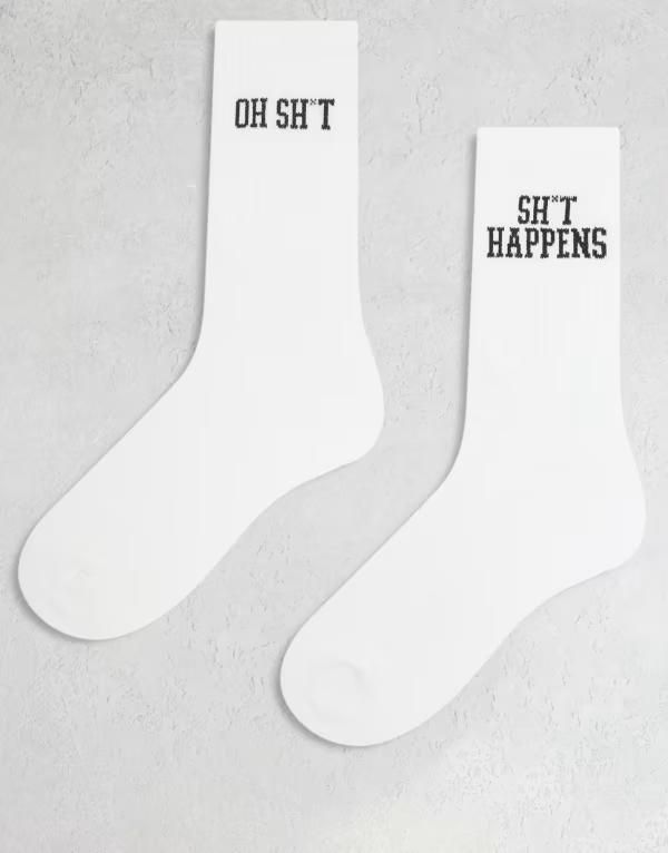 エイソス メンズ アンダーウェア 靴下 グラフィック ASOS DESIGN 2pack socks with swear words graphic WHITE ホワイト