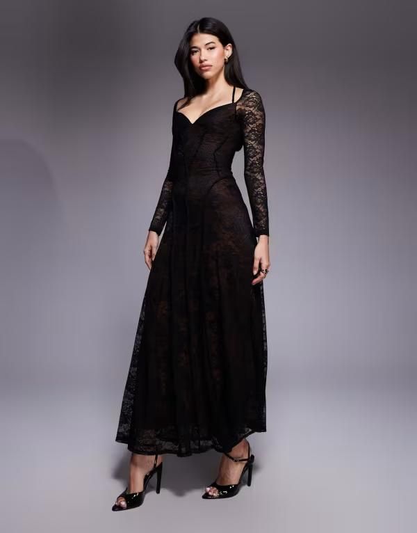 エイソス レディース トップス ワンピース レース マキシ ASOS DESIGN long sleeve lace maxi dress with seam detail Black ブラック