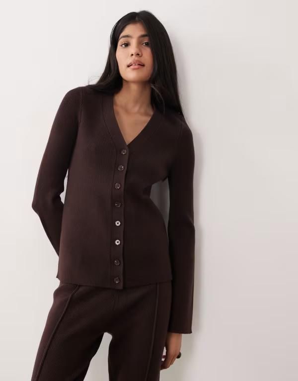 エイソス レディース アウター カーディガン Vネック リブ ASOS DESIGN Curve vneck ribbed cardigan in chocolate part of a set Chocolate チョコレート