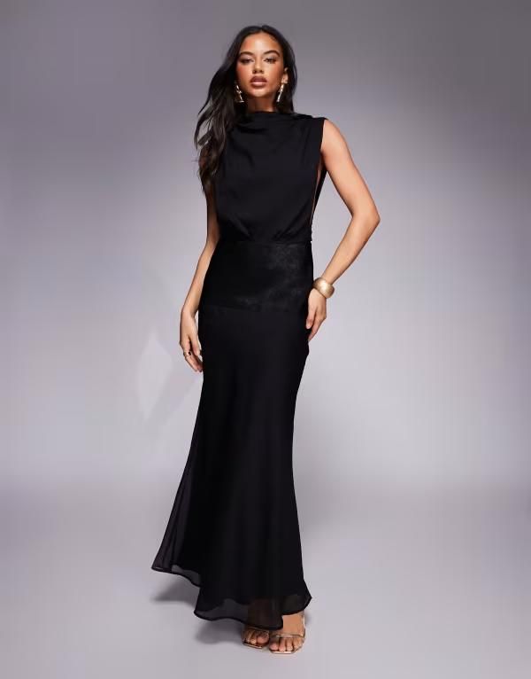 エイソス レディース トップス ワンピース サテン マキシ ASOS DESIGN grown oneck satin paneled maxi dress Black ブラック