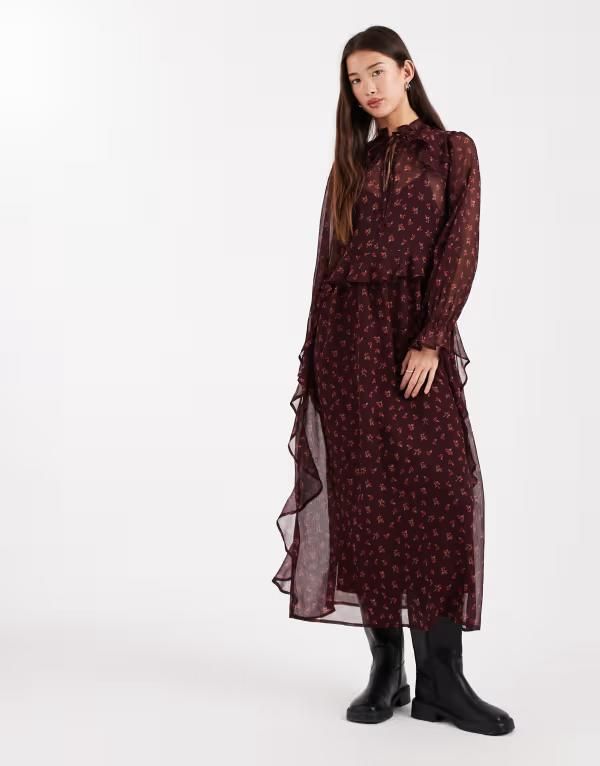 ウェンズデーガール レディース トップス ワンピース ハイネック フラワー柄 プリント フラワー Wednesdays Girl high neck floaty midaxi dress in floral plum print Plum プラム