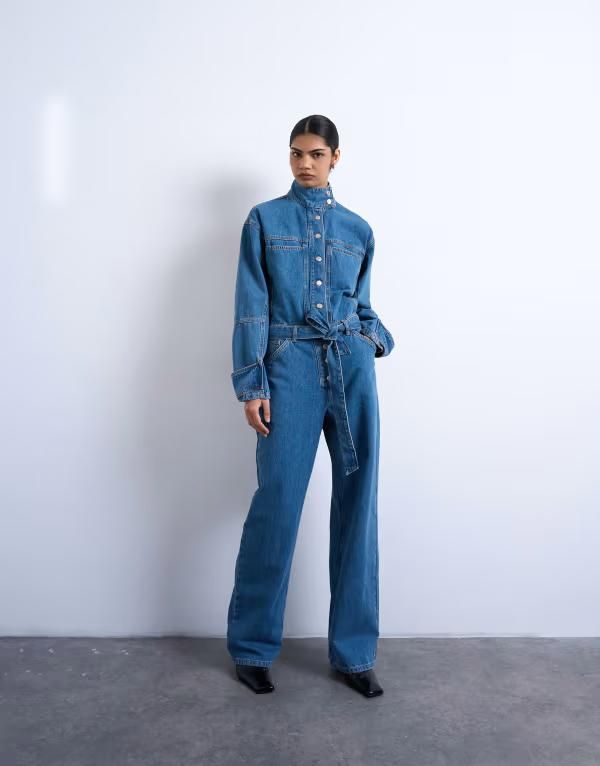 トップショップ レディース トップス ジャンプスーツ スタンドネック デニム Topshop denim funnel neck belted jumpsuit in mid BLUE ブルー