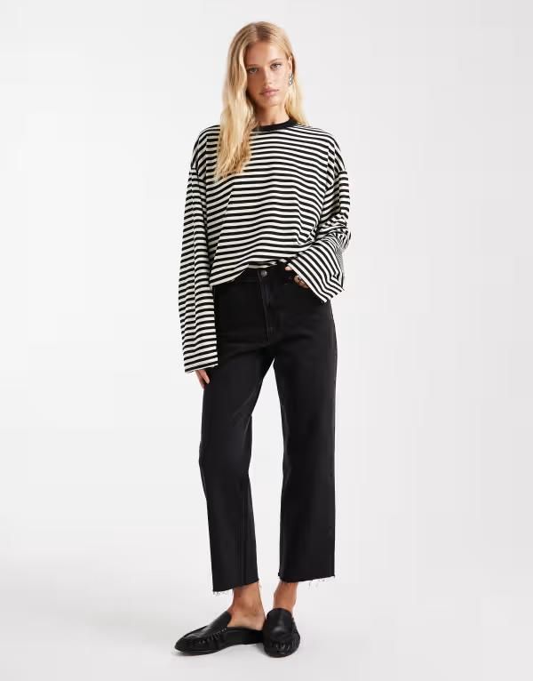 エイソス レディース ボトムス デニムパンツ ストレート アンクル ジーンズ ASOS DESIGN ankle grazer comfort stretch straight leg jeans Black ブラック