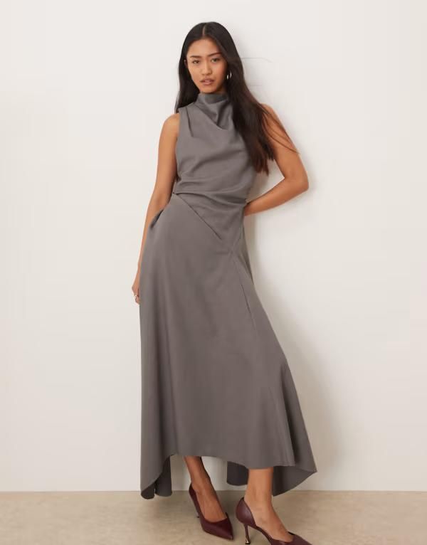 エイソス レディース トップス ワンピース ハイネック ドレープ マキシ ASOS DESIGN draped high neck hanky hemaxi dress CHARCOAL チャコール