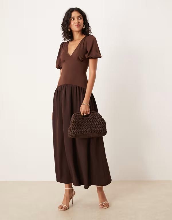 エイソス レディース トップス ワンピース ミディ ASOS DESIGN hybrid puff sleeve midi day dress BROWN ブラウン