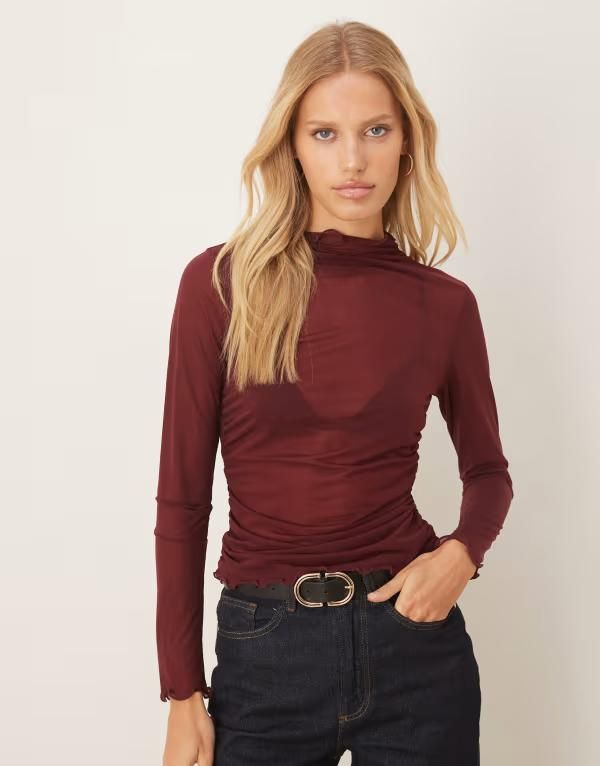エイソス レディース トップス Tシャツ セミシアー ハイネック メッシュ シアー ASOS DESIGN high neck mesh semi sheer long sleeve top Burgundy バーガンディ