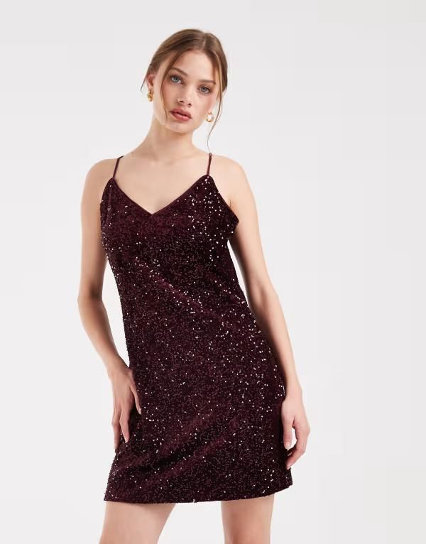 ヴェロモーダ レディース トップス ワンピース ミニ スパンコール Vero Moda cami strapsequined mini dress Winetasting Sequins バーガンディ