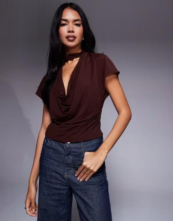 エイソス レディース トップス Tシャツ セミシアー ASOS DESIGN semi sheer deep cowl neck top in chocolate Brown ブラウン