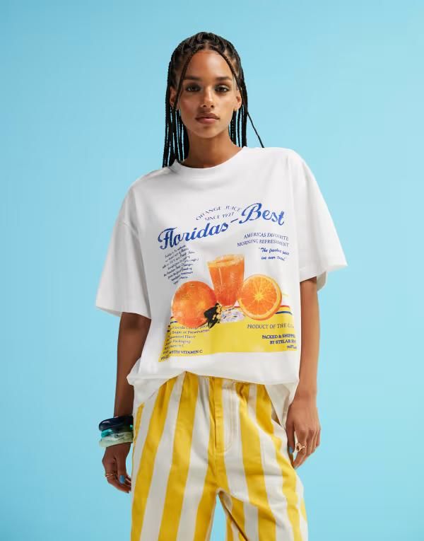 エイソス レディース トップス Tシャツ グラフィック ASOS DESIGN oversized Tshirt with orange juice graphic WHITE ホワイト