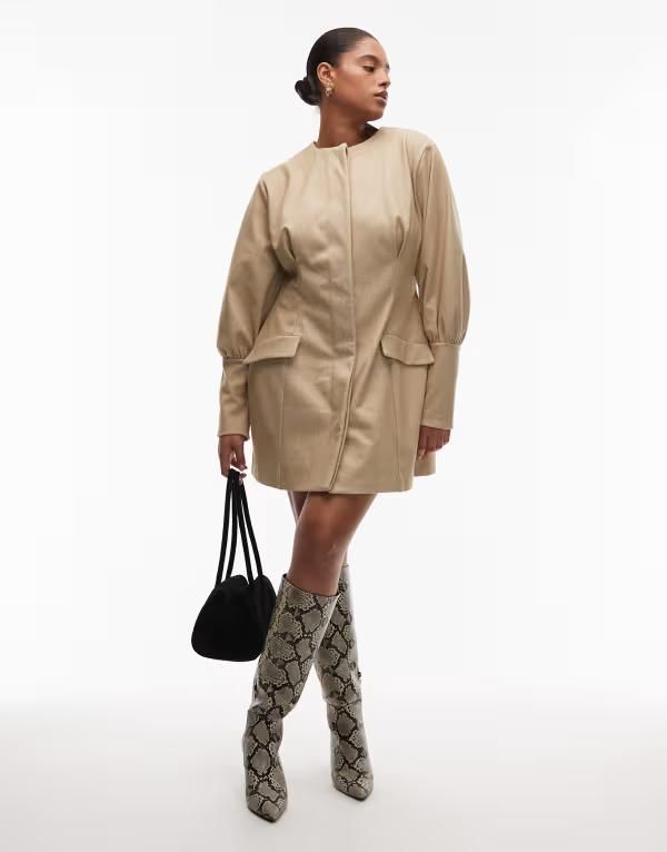 エイソス レディース トップス ワンピース ミニ ブレザー ASOS Curve ASOS DESIGN Curve sculpted puff sleeve blazer mini dress in stone ストーン