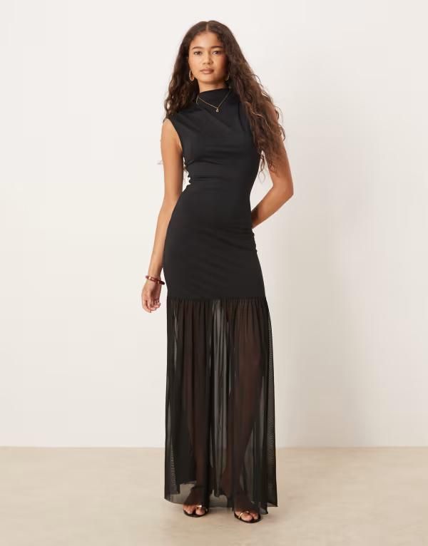 エイソス レディース トップス ワンピース ハイネック マキシワンピース メッシュ スカート マキシ ASOS DESIGN high neck detail maxi dress with mesh skirt Black ブラック