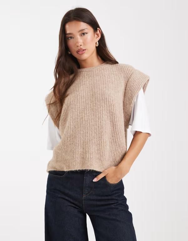 エイソス レディース トップス Tシャツ ニット ジャージー ASOS DESIGN knitank with jersey sleeves in mocha モカ