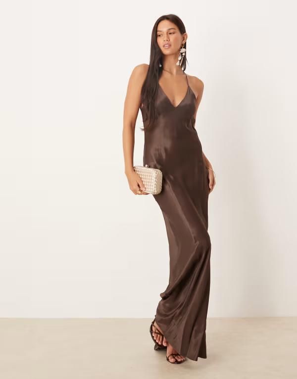 エイソス レディース トップス ワンピース マキシワンピース サテン マキシ ASOS DESIGN satin seam detail maxi dress in chocolate Chocolate チョコレート
