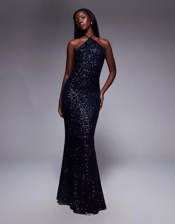 エイソス レディース トップス ワンピースパンコール マキシ ホルター ASOS DESIGN all over sequin halter maxi dress Navy ネイビー